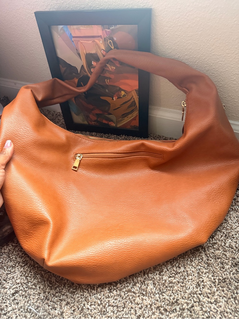 Poppy and Peonies Tobacco Brown Hobo Shoulder Bag - Soft Pebbled Leather
